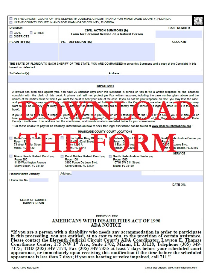 Miami Dade Summons Fillable Form IP Vault