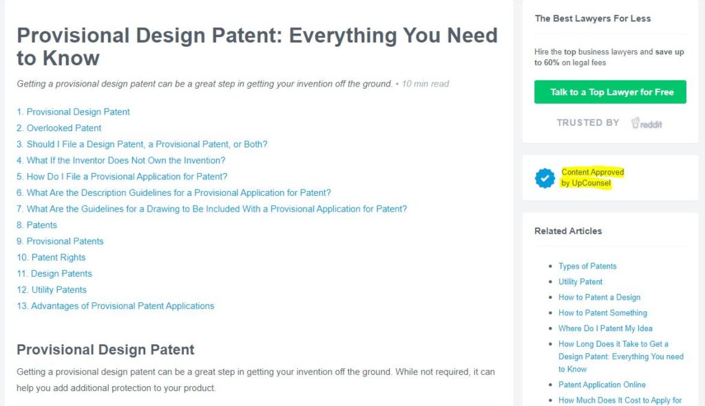 UpCounsel website with false statement that provisional design patents are possible.