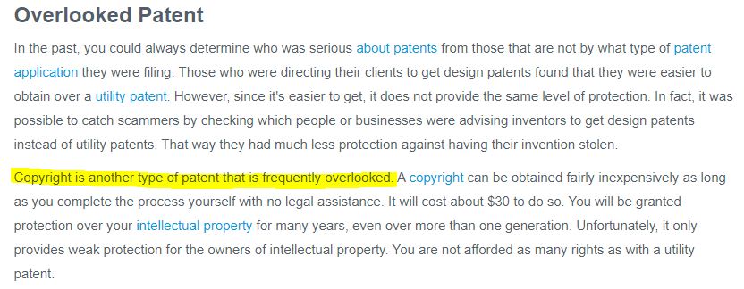 UpCounsel website with false statement that "Copyright is another type of patent"