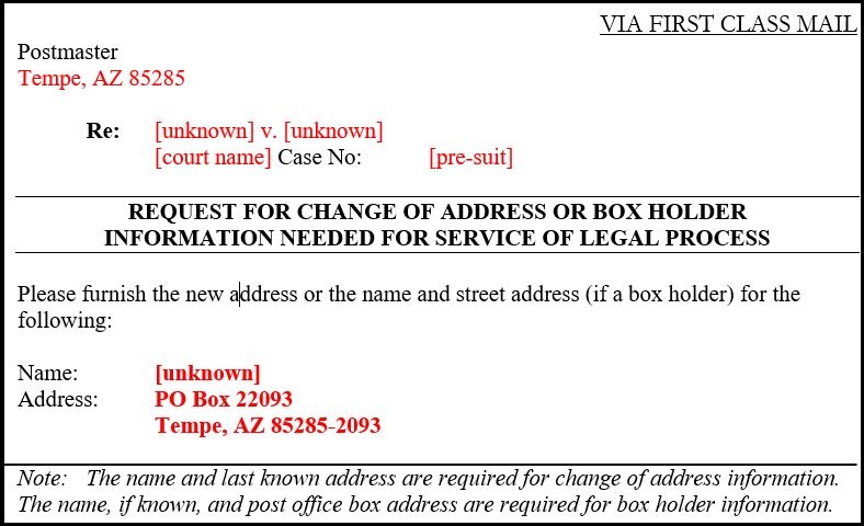 Introductory request header, addressee, and information about the boxholder or postal customer. 