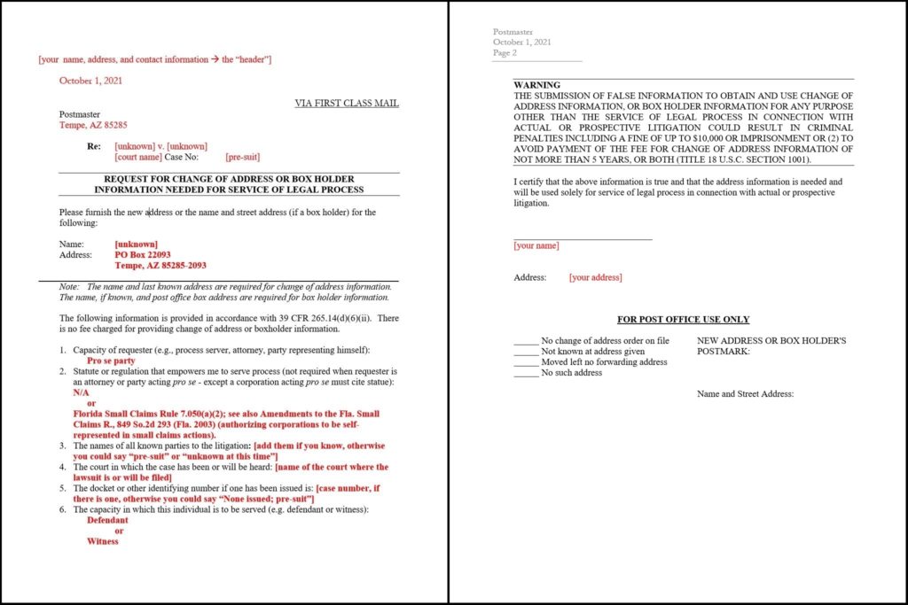 Change Of Address Or Boxholder Request Format Process Servers