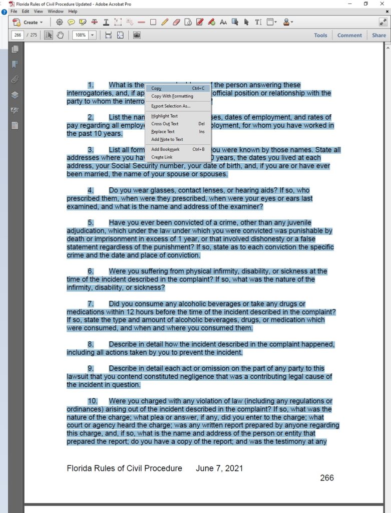 PDF file showing selected and copied text.