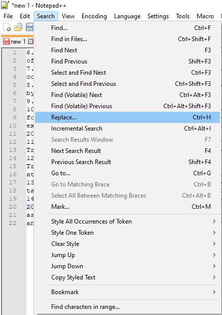 Notepad++ replace dialogue box from menu bar. 